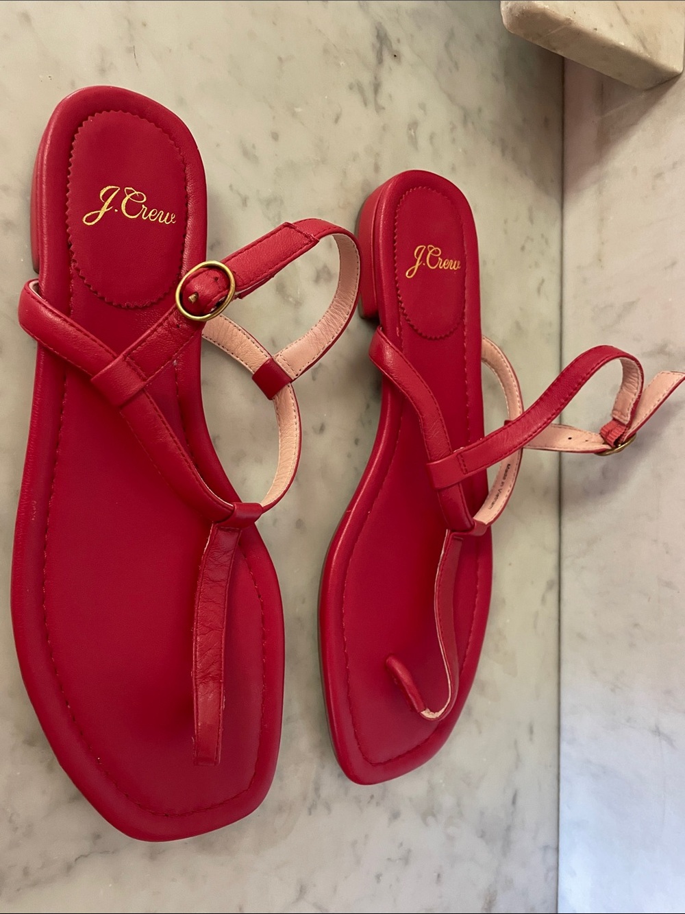J. CREW Abbie Vintage Neon Poppy Red Leather T-Strap Sandals Gold Buckle 8.5